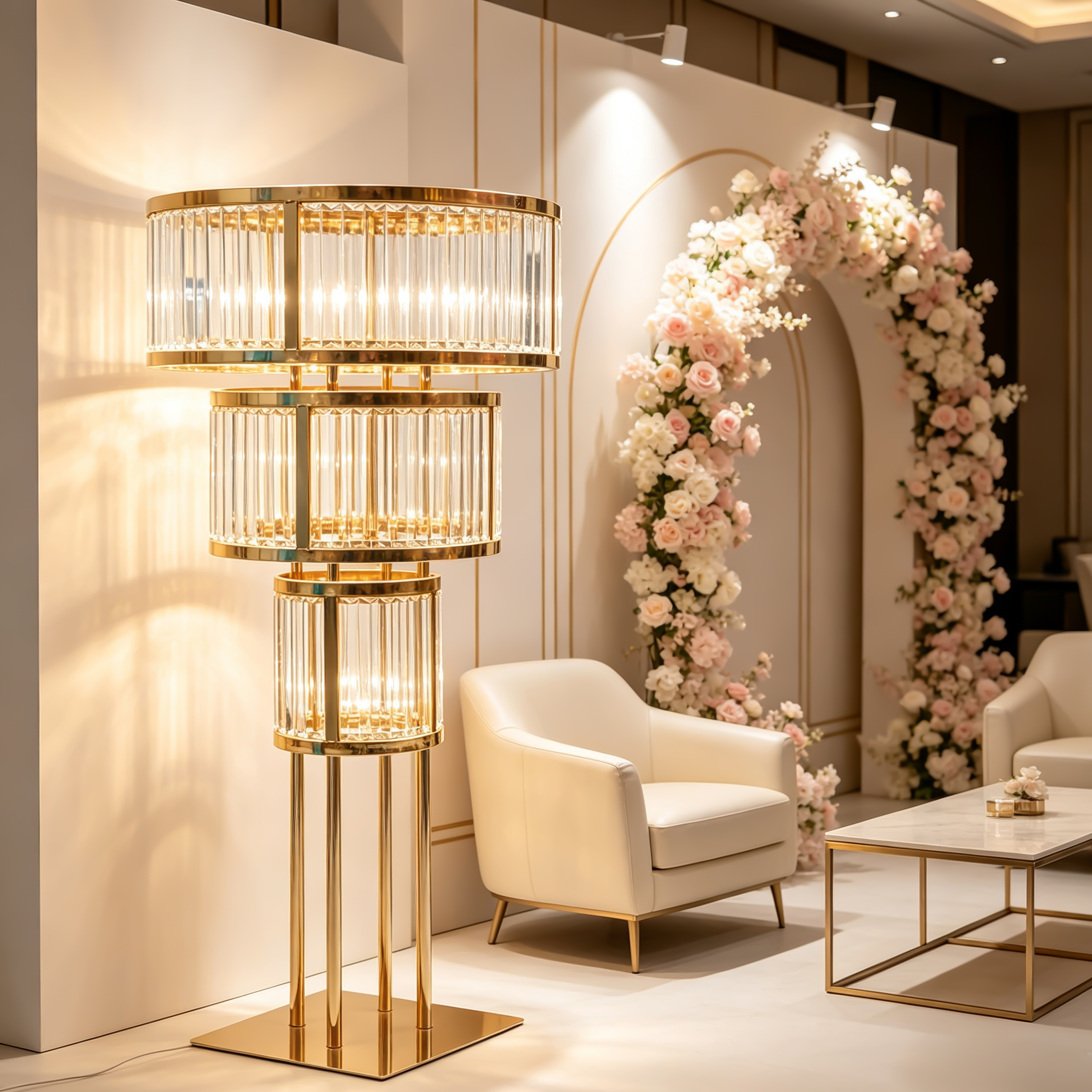 3-Tier Cylindrical Crystal Gold Display Stand
