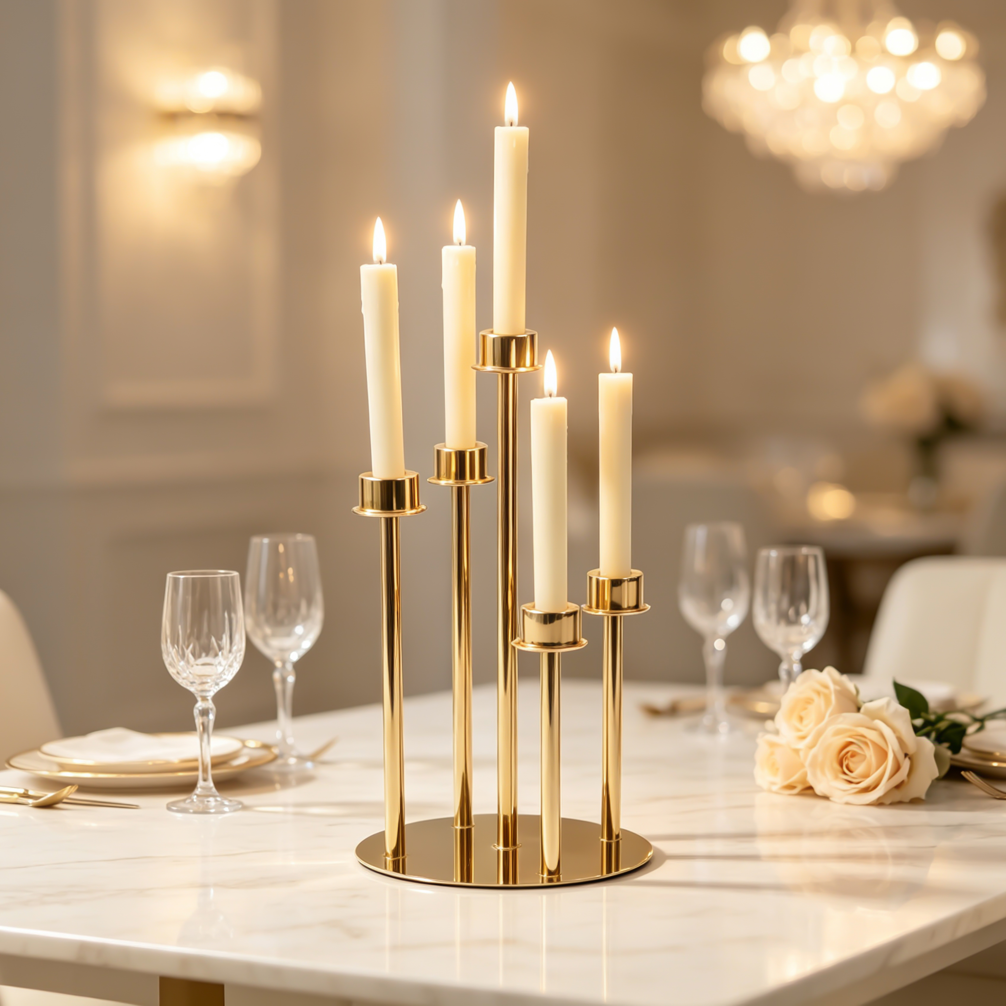 Candelabro a più teste in oro con cinque pilastri
