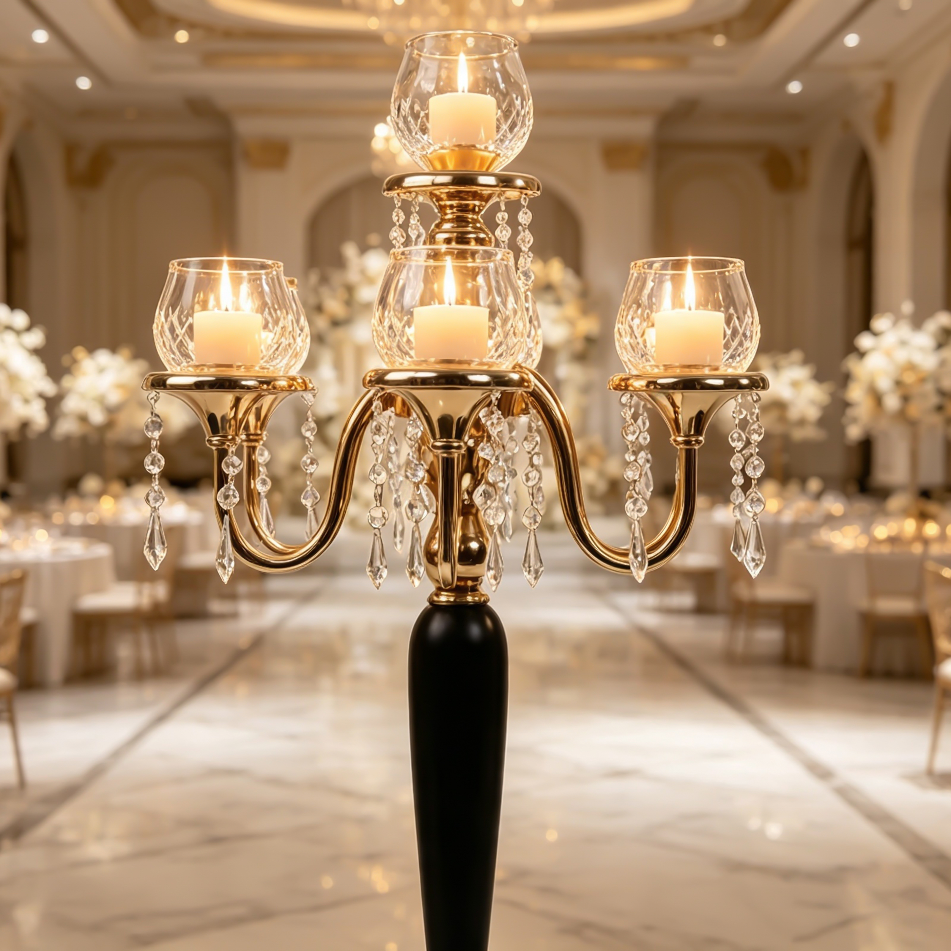 Candelabro in cristallo a quattro braccia nero e oro