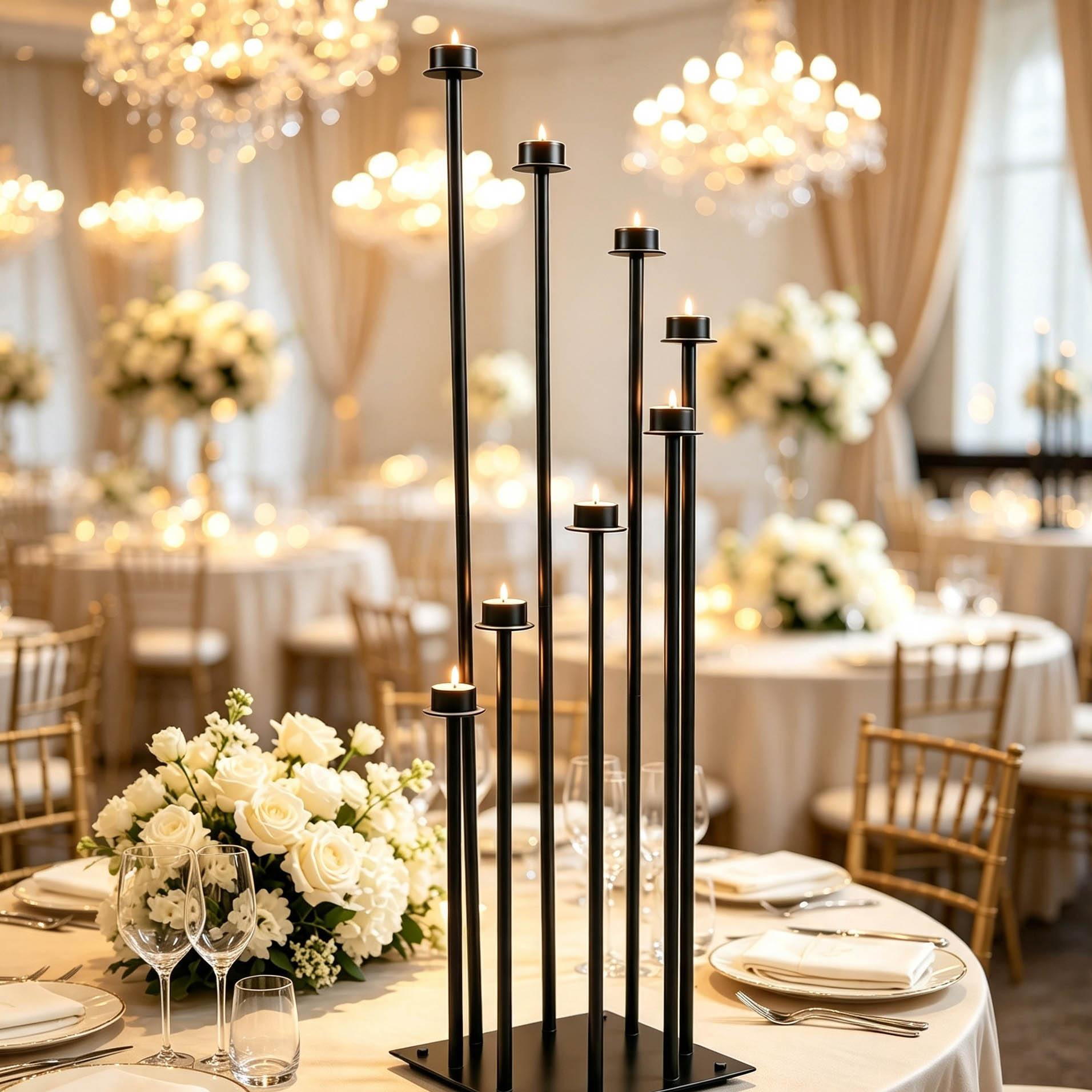 Black Staggered Straight Pole Multi-head Candelabra