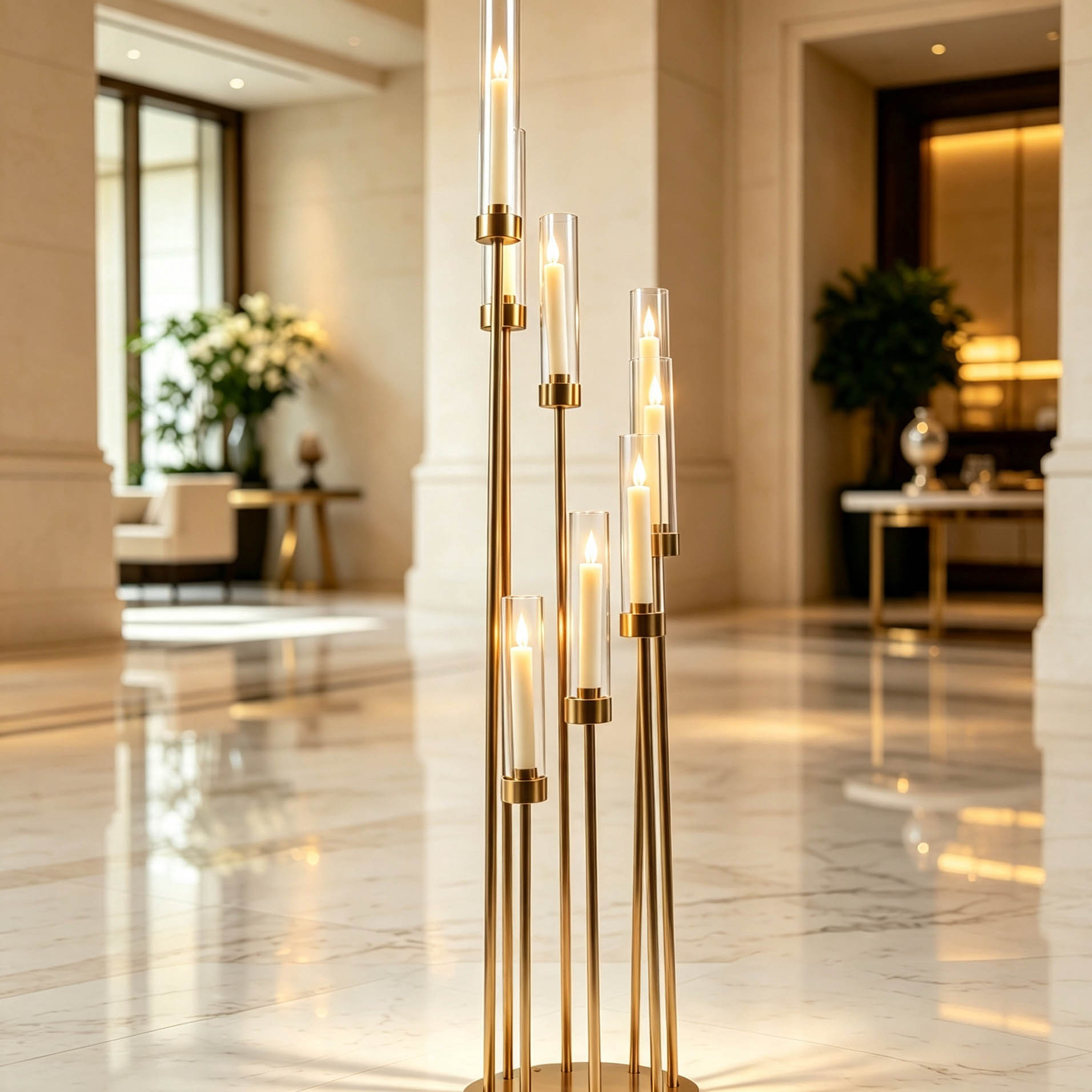 Gold Multi-post Candelabra with Glass Candle Shades