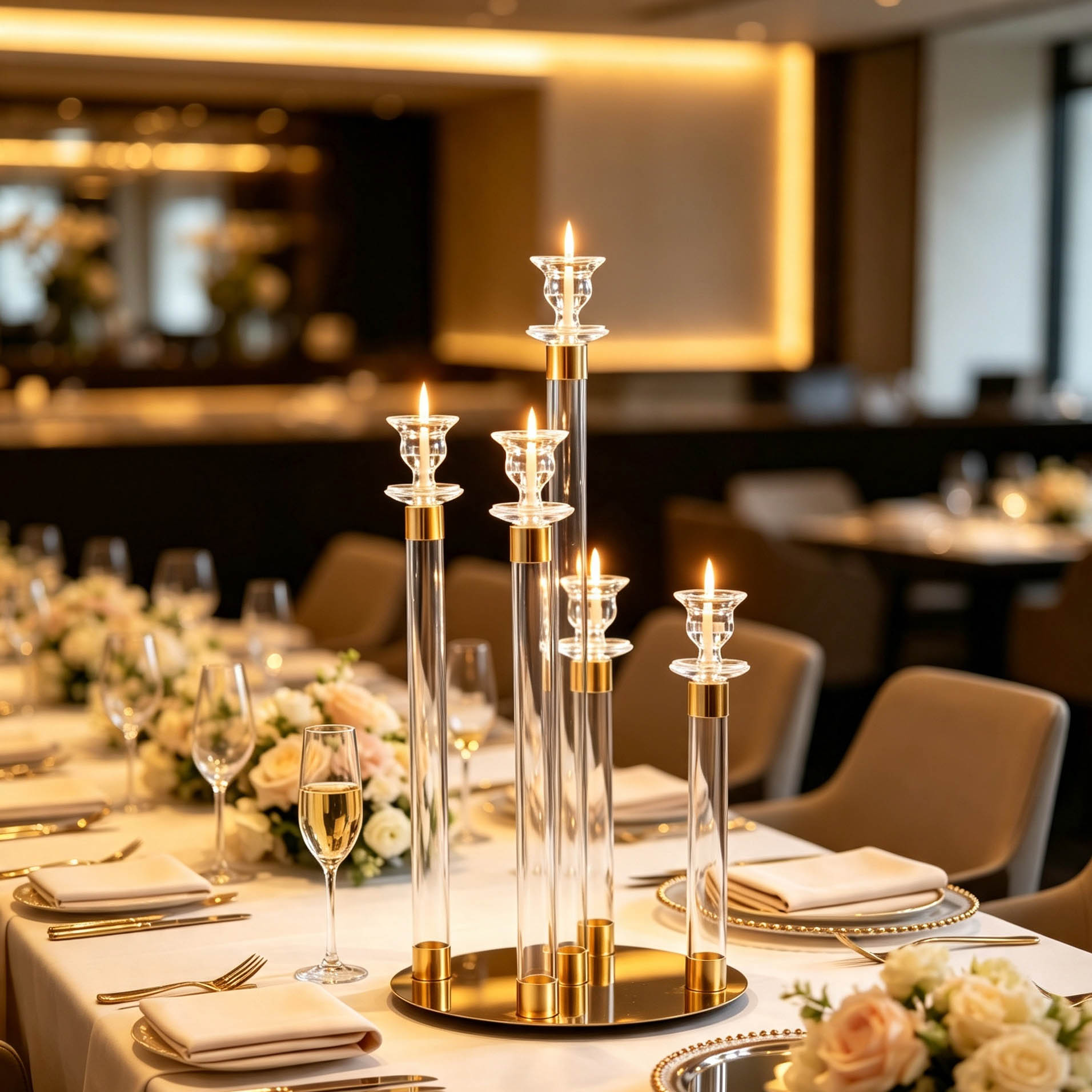 5-Pillar Staggered Clear Candelabra with Gold Rim