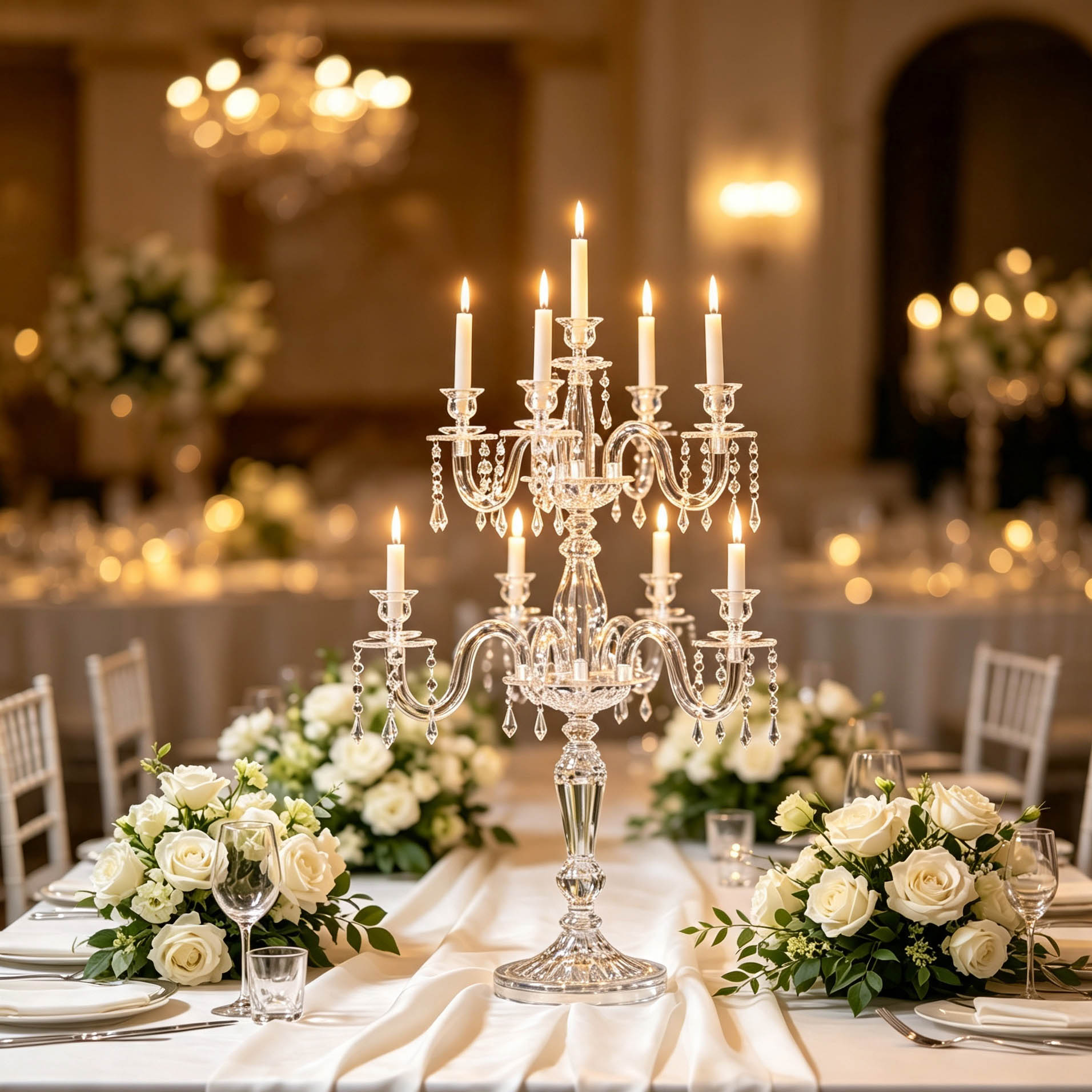 Multi-Tier Curved Arm Candelabra with Hanging Crystal Pendants