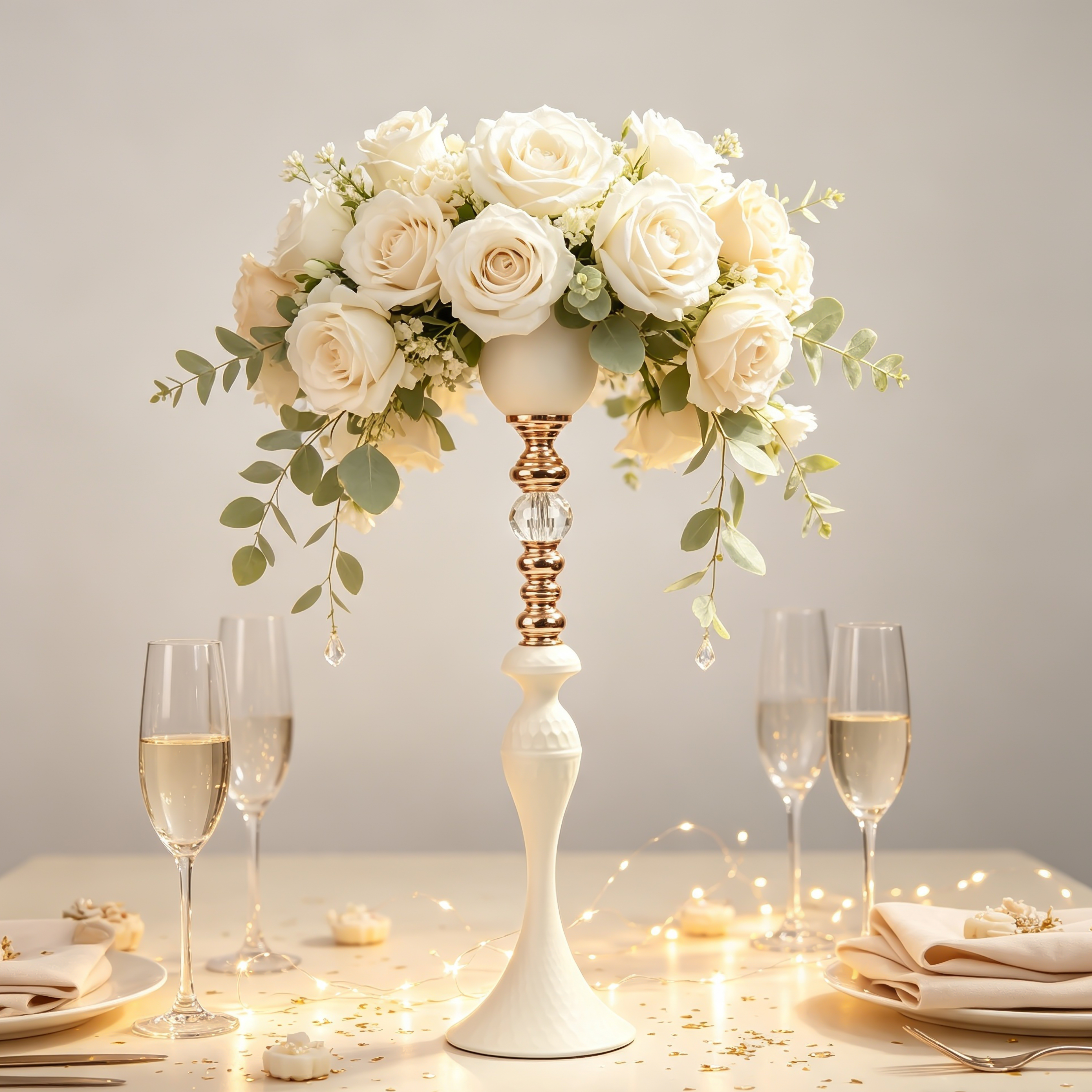 White Porcelain Rose Gold Crystal Tall Candlestick