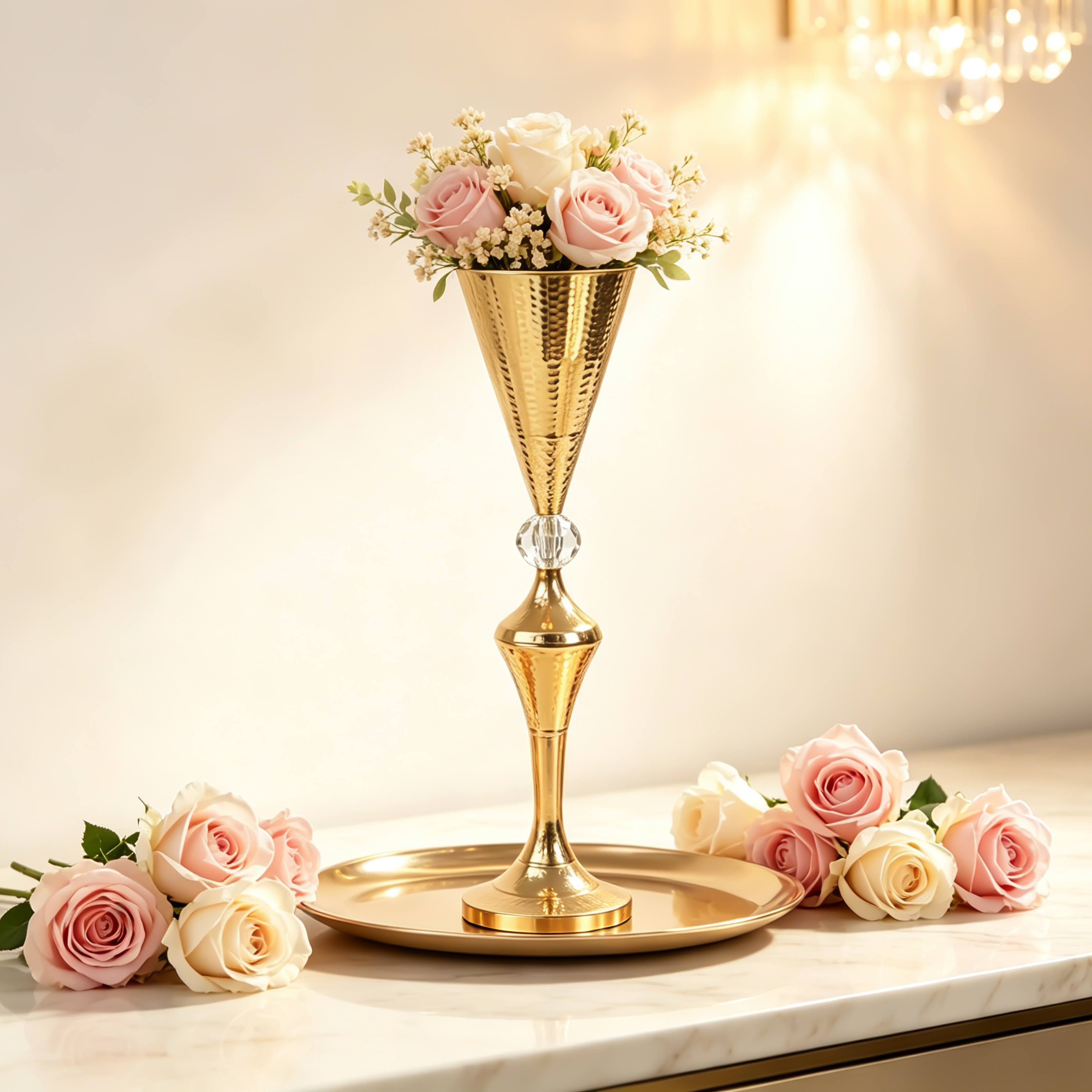Vaso decorativo alto in oro martellato