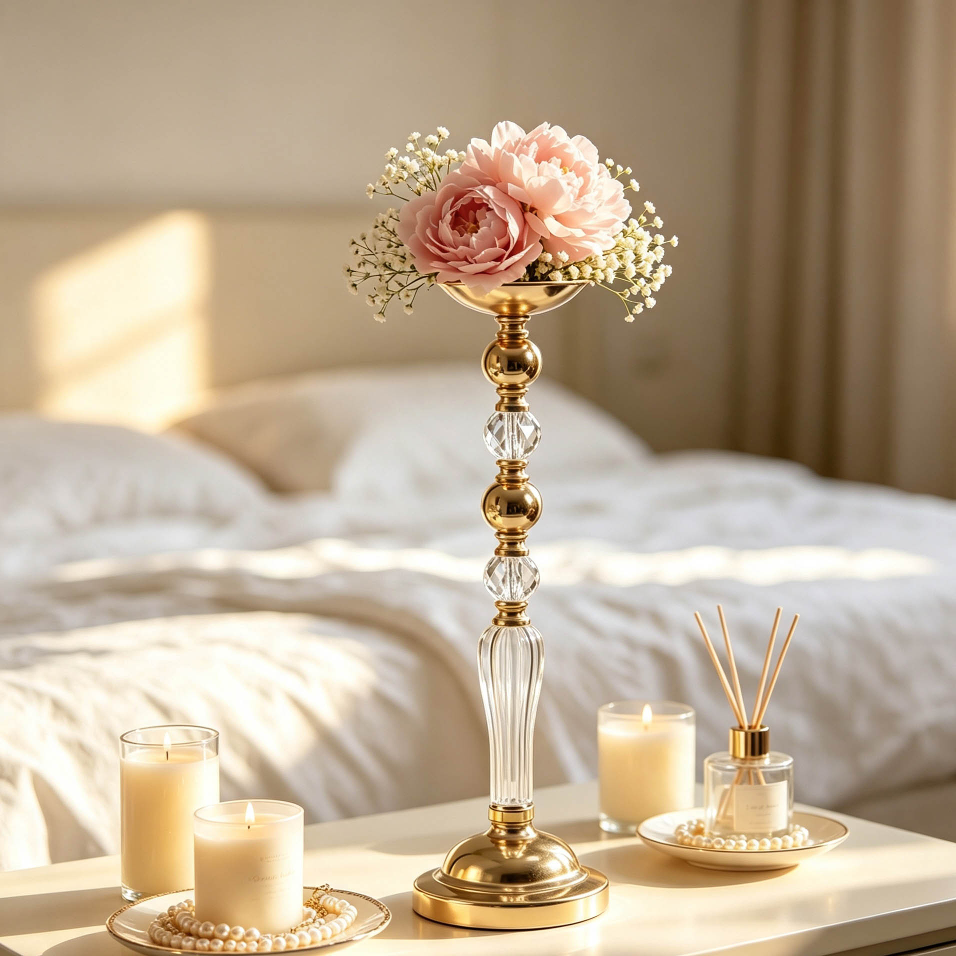 Light Luxury Floral Stand with Long Crystal Columns