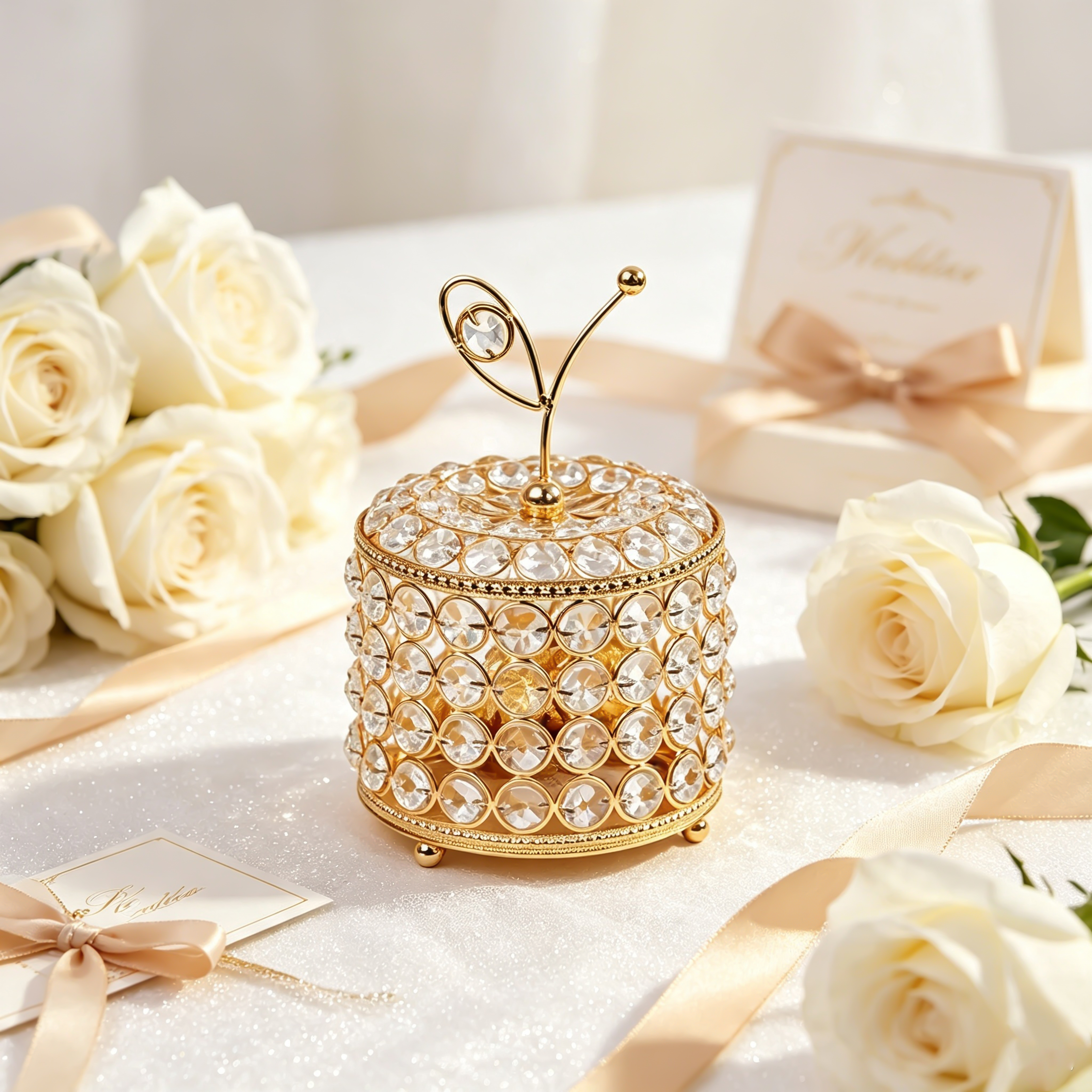 Round Crystal Jewelry Box with Butterfly Core Ornament
