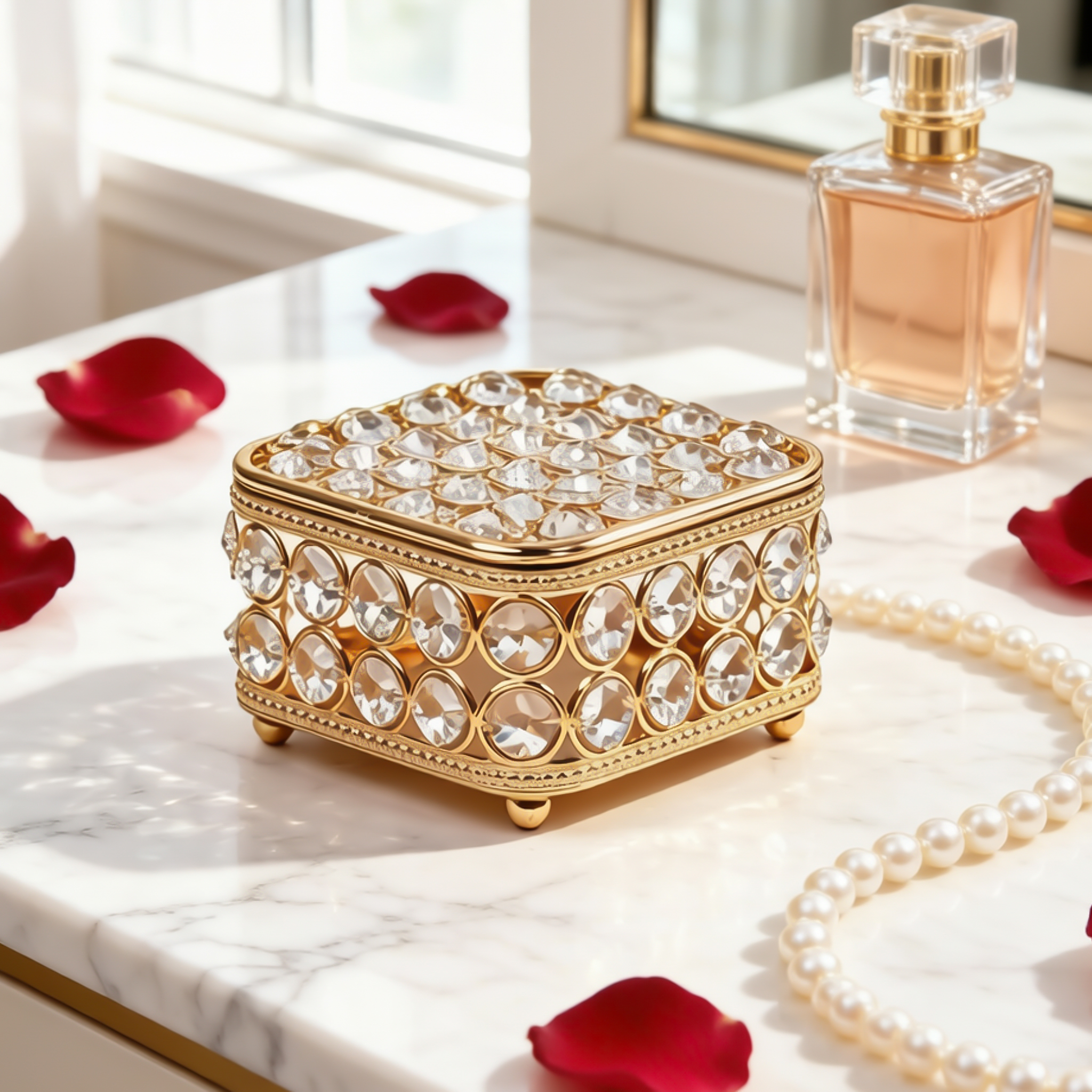 Square Rhinestone Gilded Jewelry Storage Box