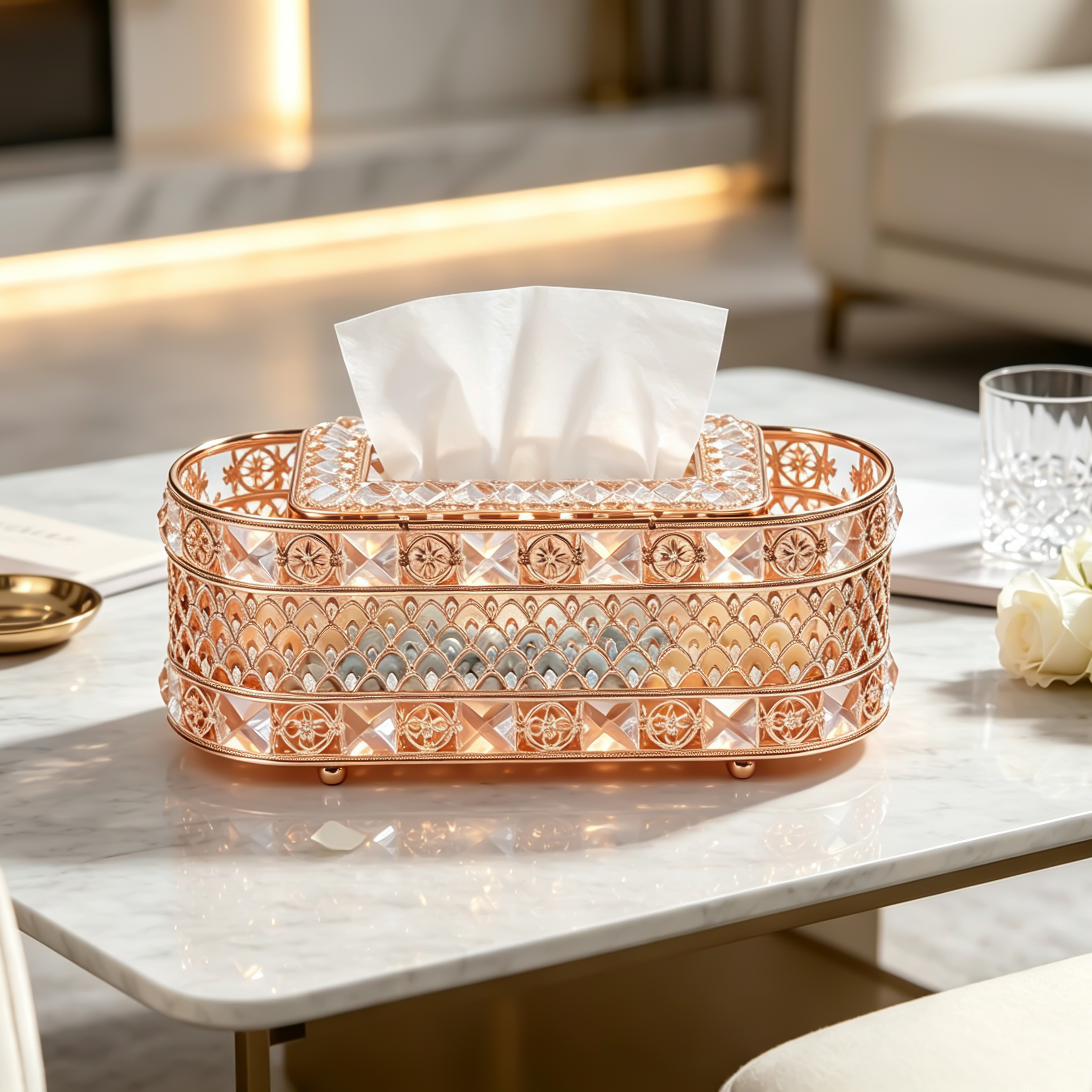 Rose Gold Crystal Tissue Box