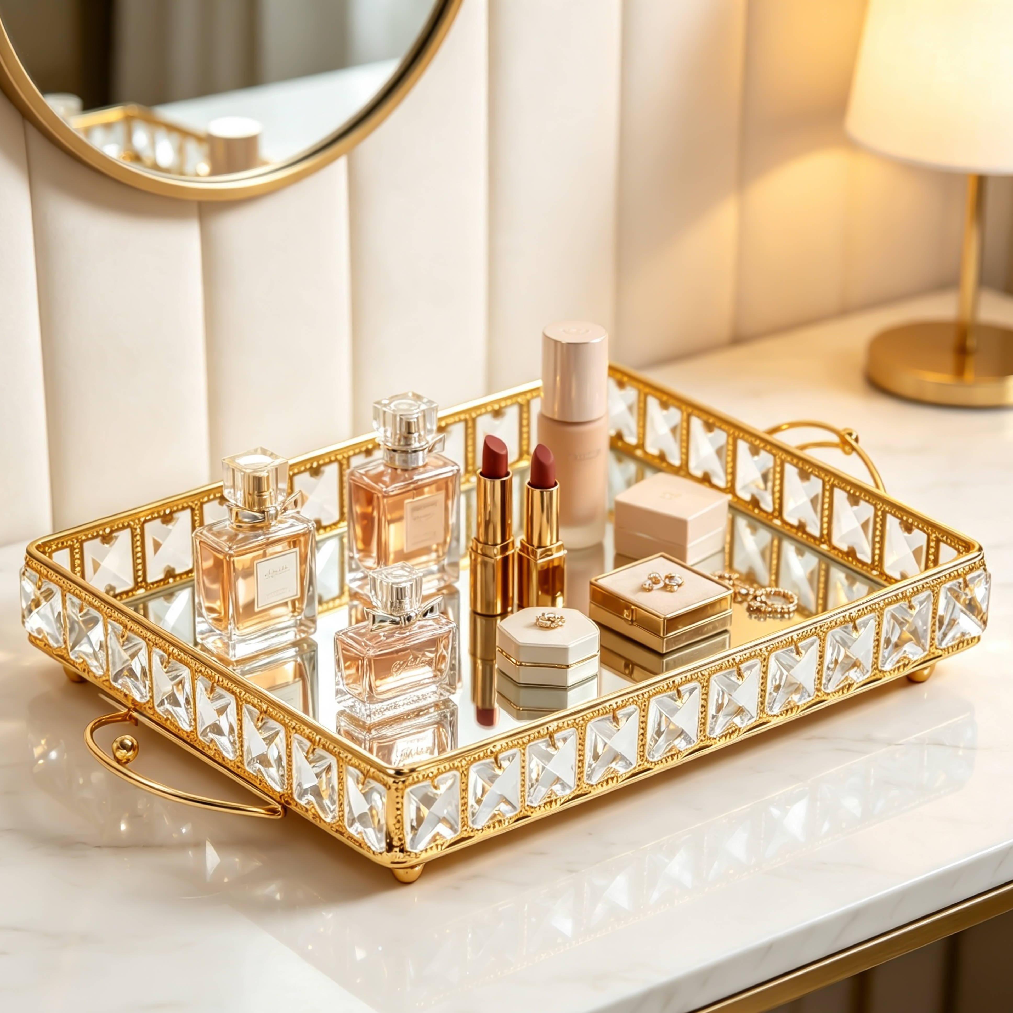 Golden Crystal Mirror Tray
