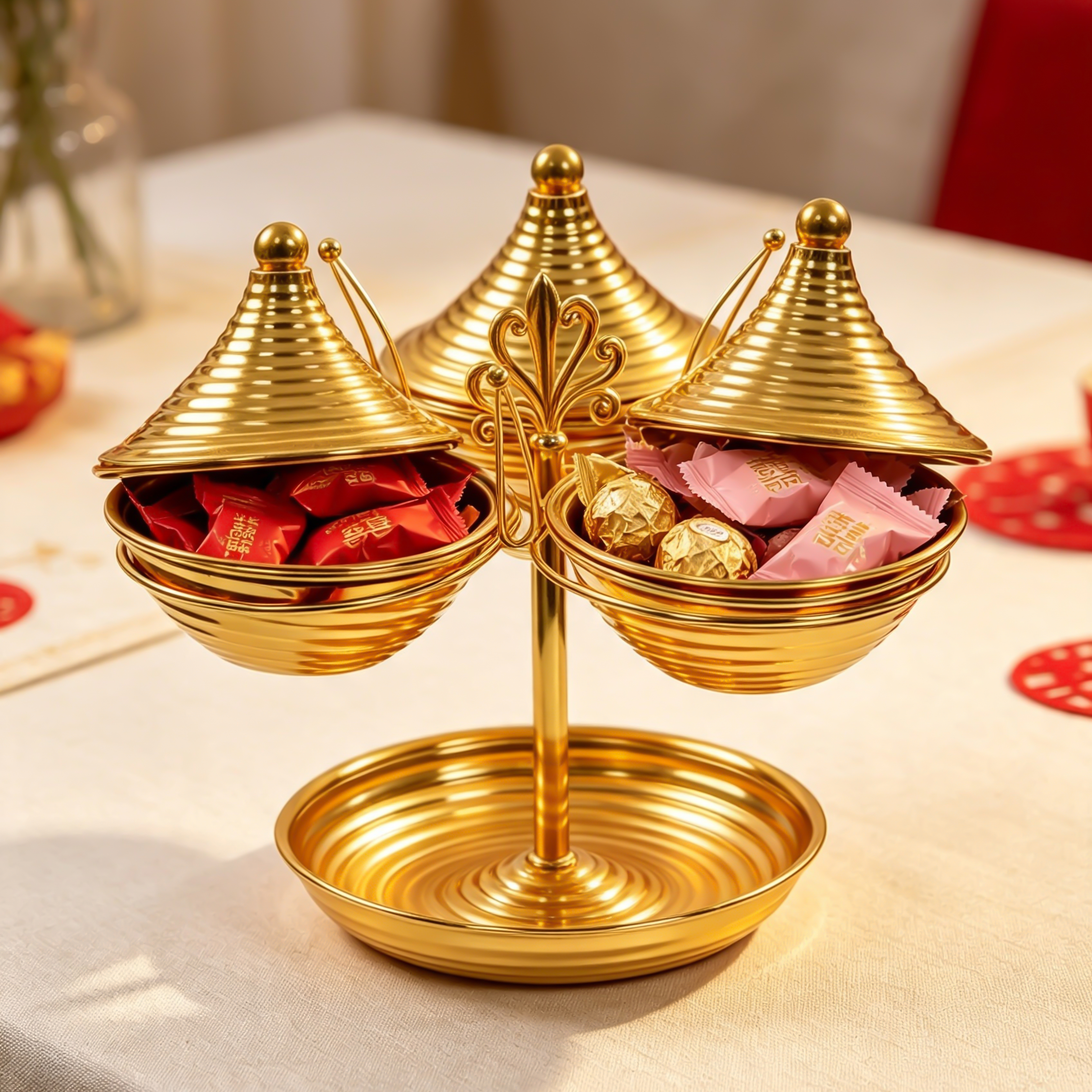 Vetrina da dessert dorata a forma di torre a tre livelli