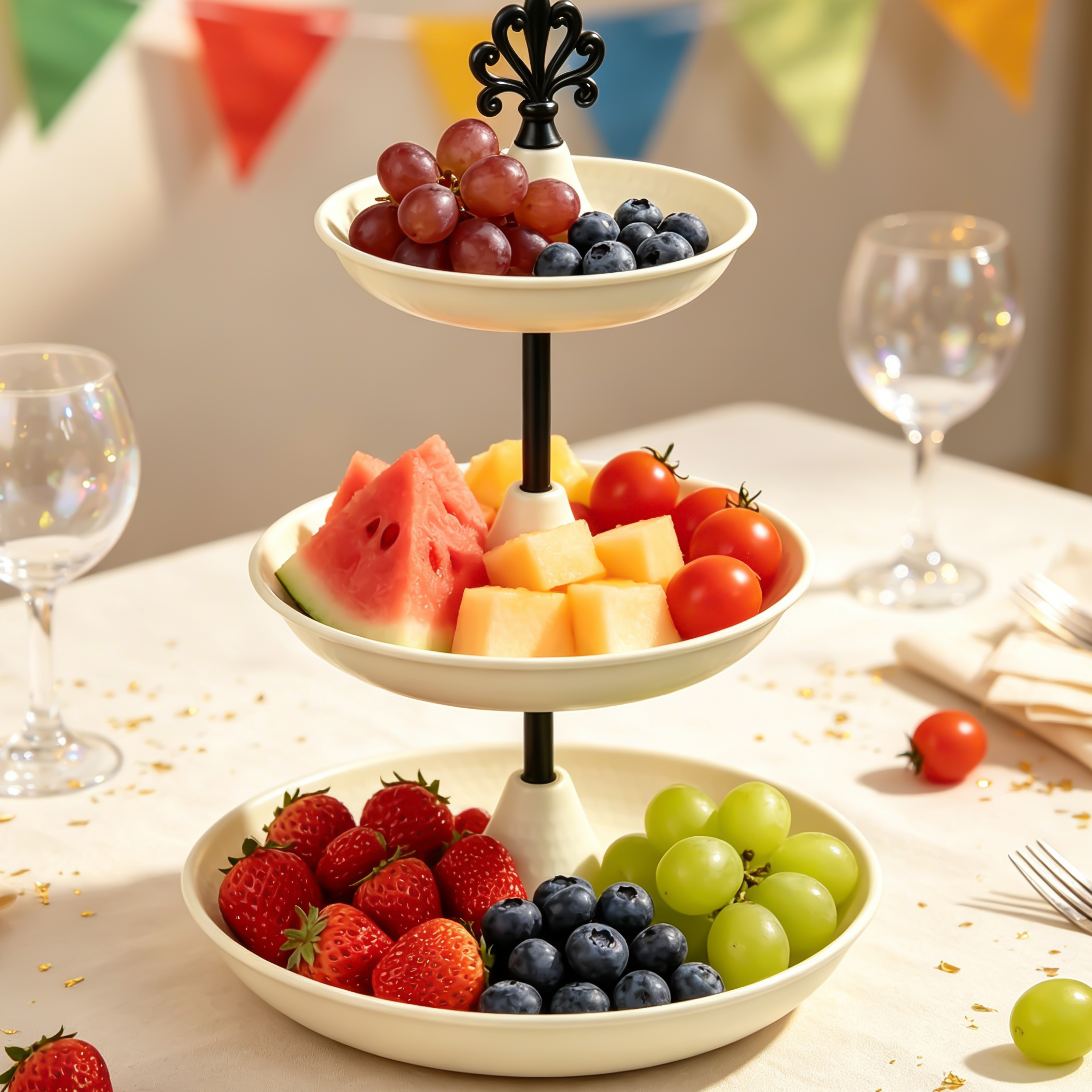 Straight rod three-layer hammered-pattern dessert display stand
