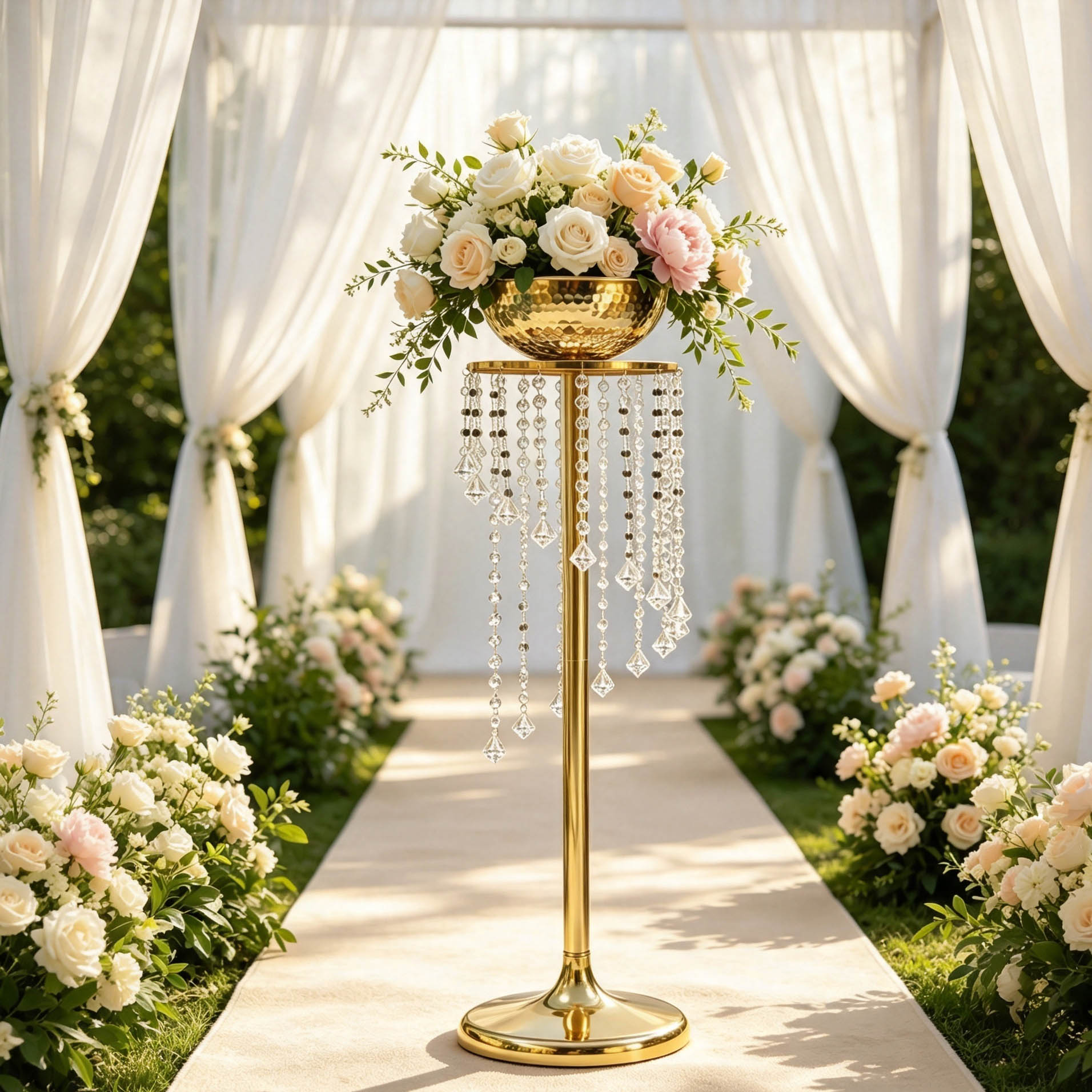 A golden high-legged fruit bowl holder with crystal fringes
