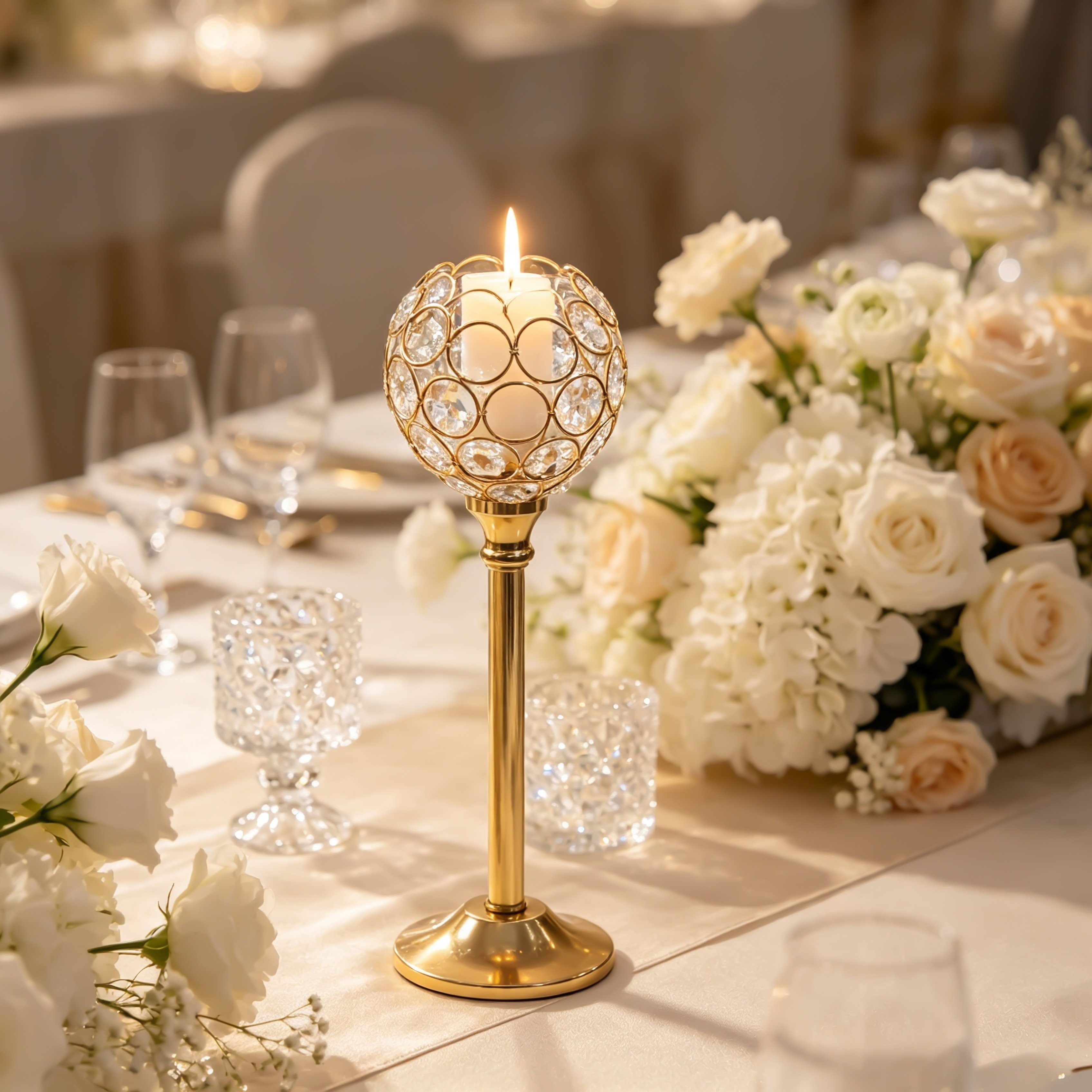 Crystal & Golden‑Finished Globe Luxury Candle Holder