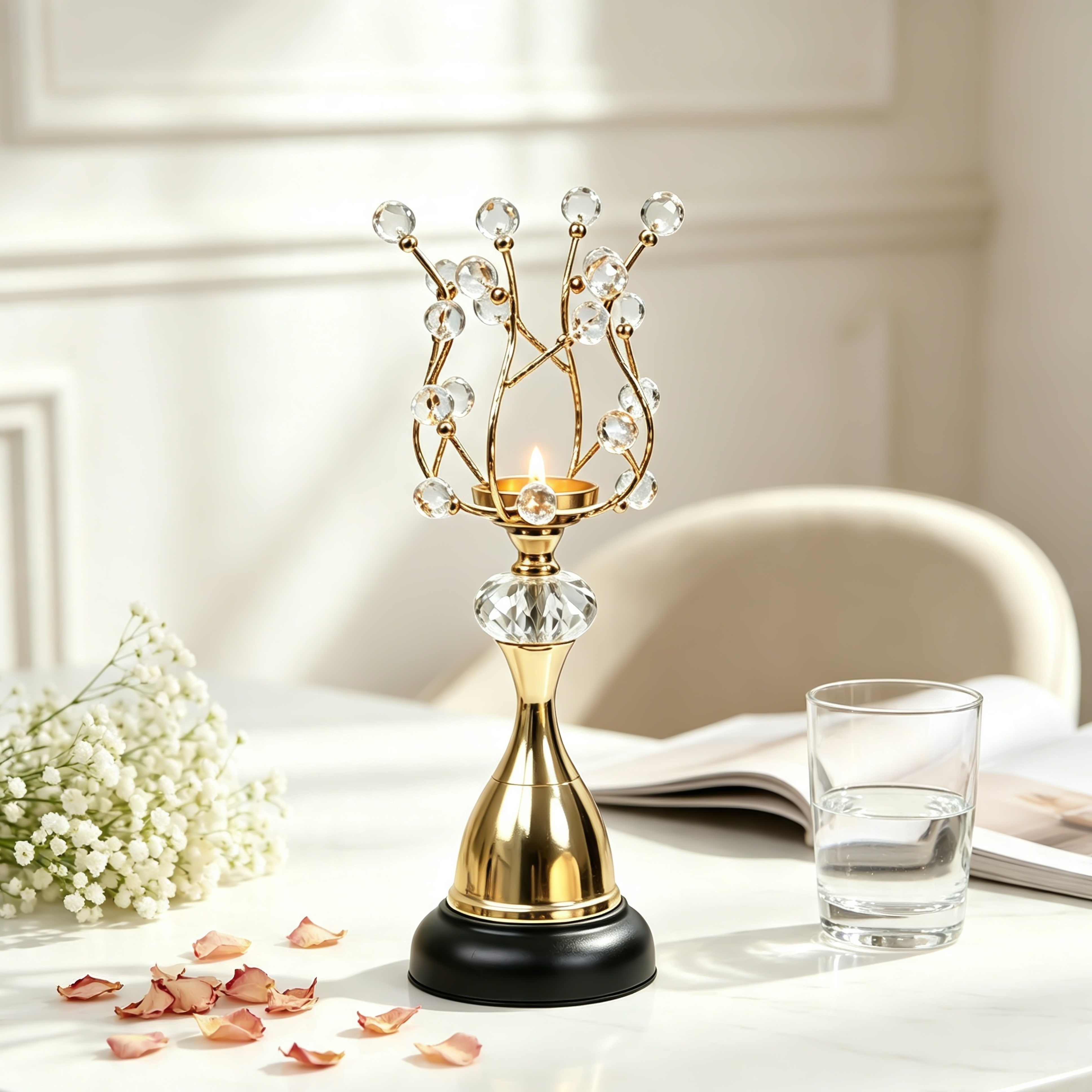 Crystal Vine‑Style Black & Golden‑Finished Candle Holder