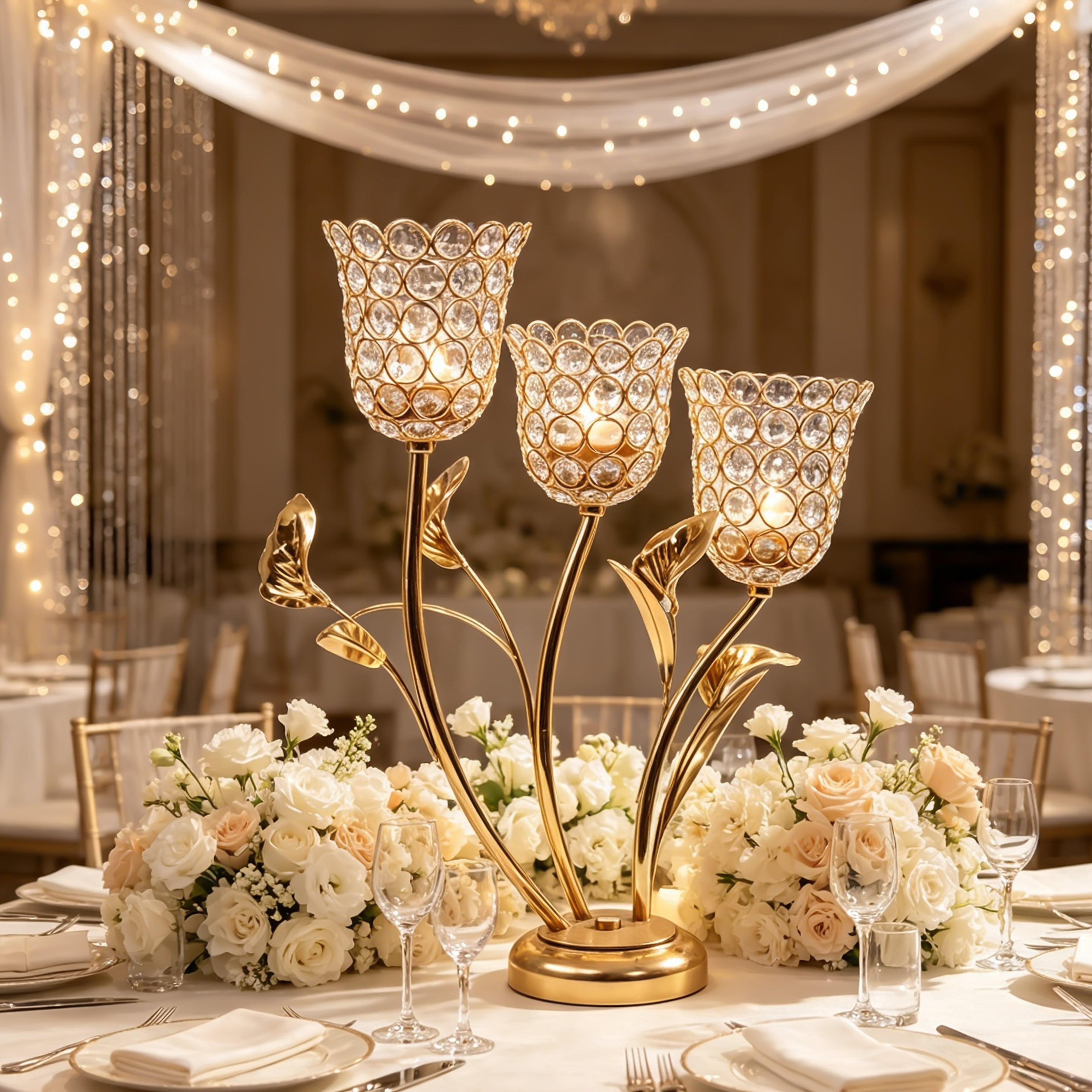 Three‑Tulip Crystal Candle Holder