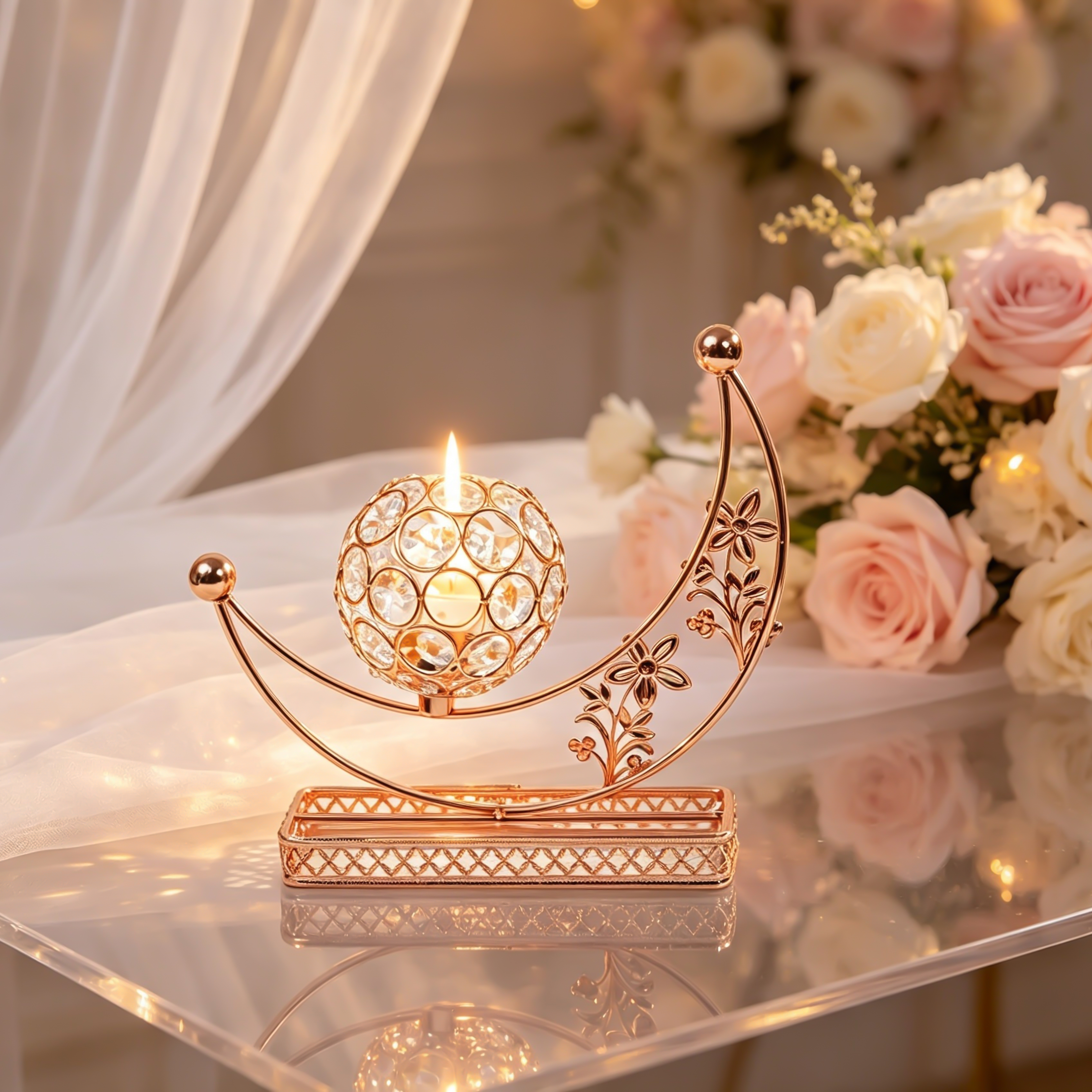 Crescent Moon Floral Crystal Decor Ornament