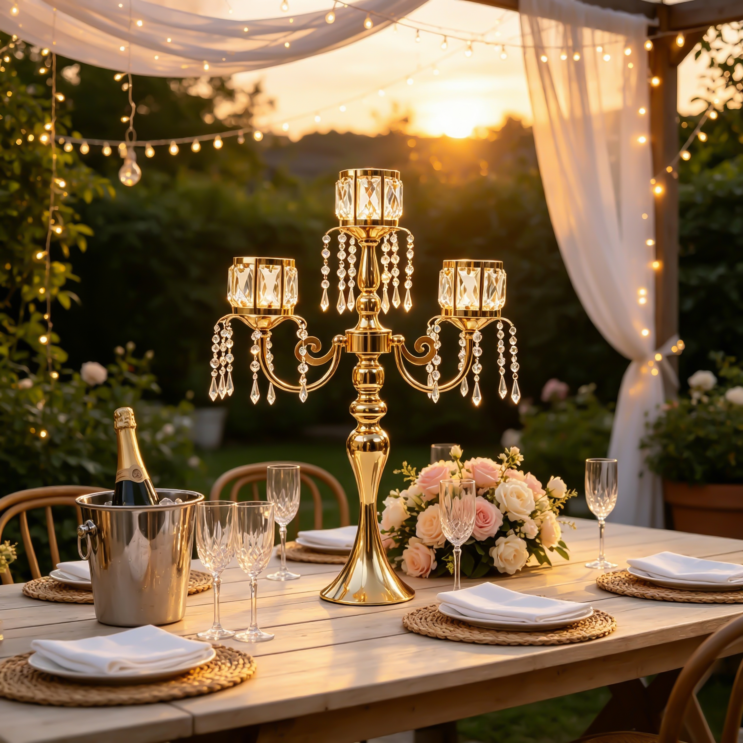 Three‑Arm Crystal Tassel Candle Holder