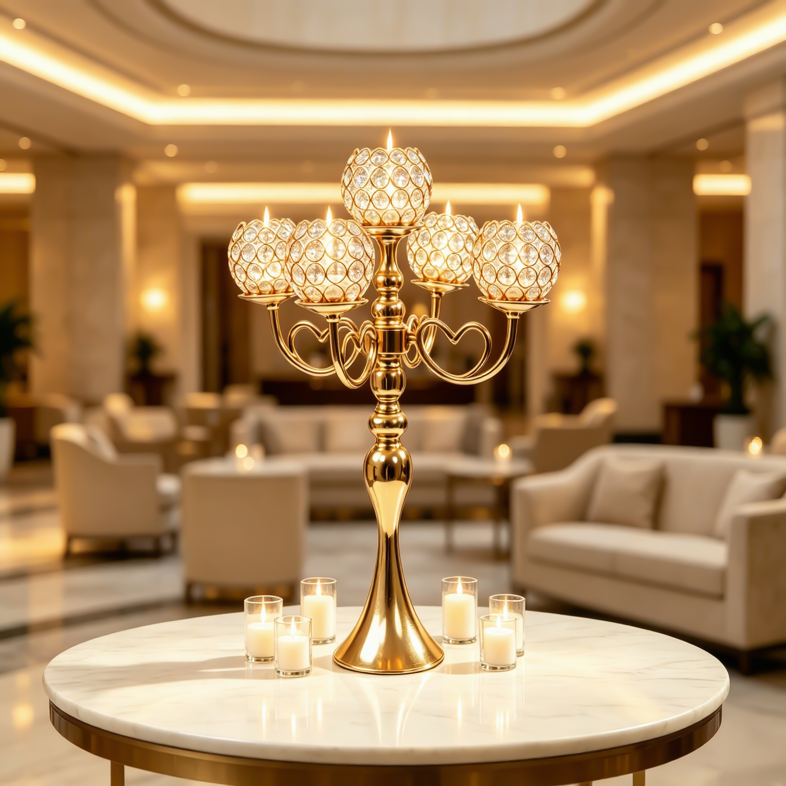 Five‑Arm Heart‑Shaped Crystal Sphere Candle Holder