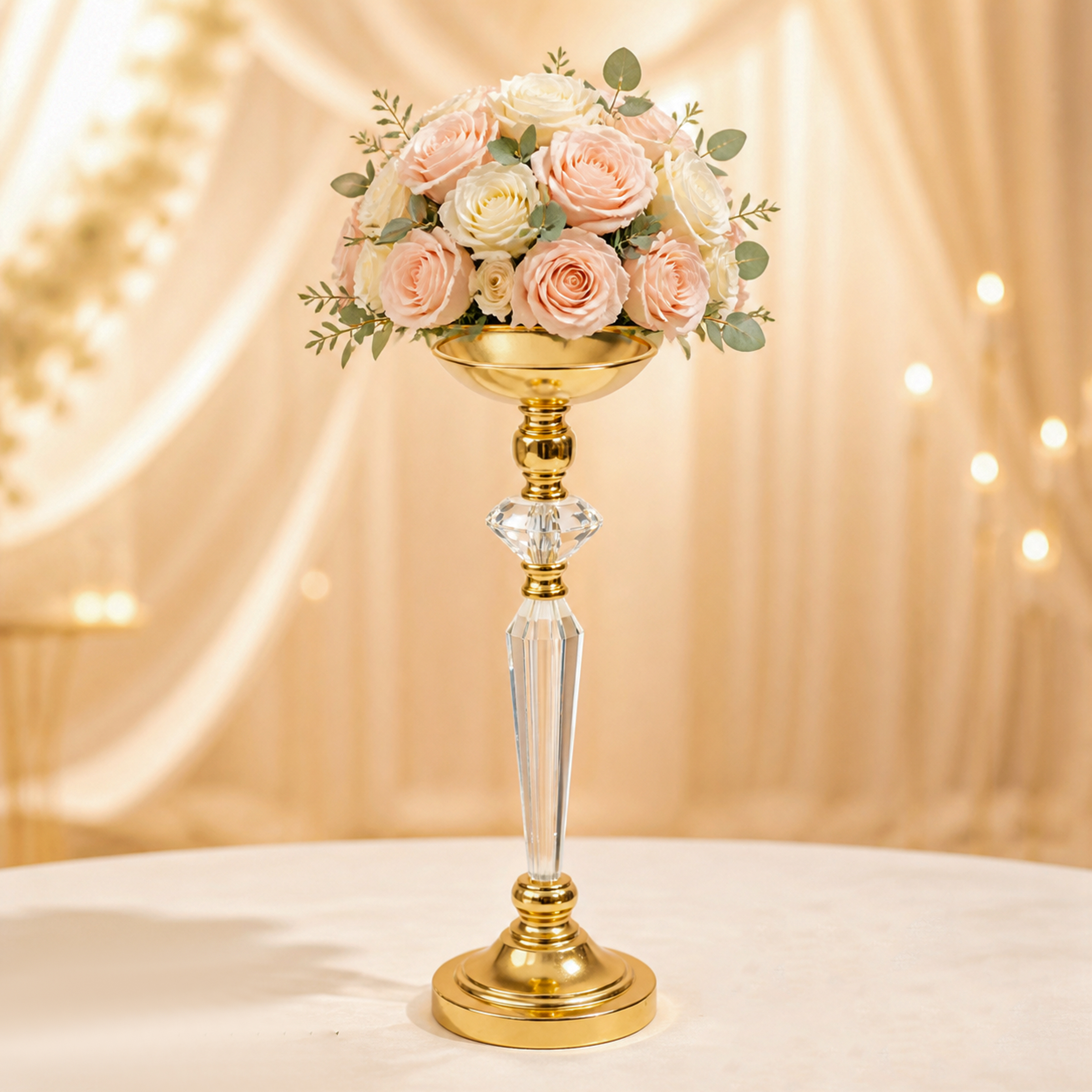 Golden‑Finished Crystal Pillar‑Style Plant Stand