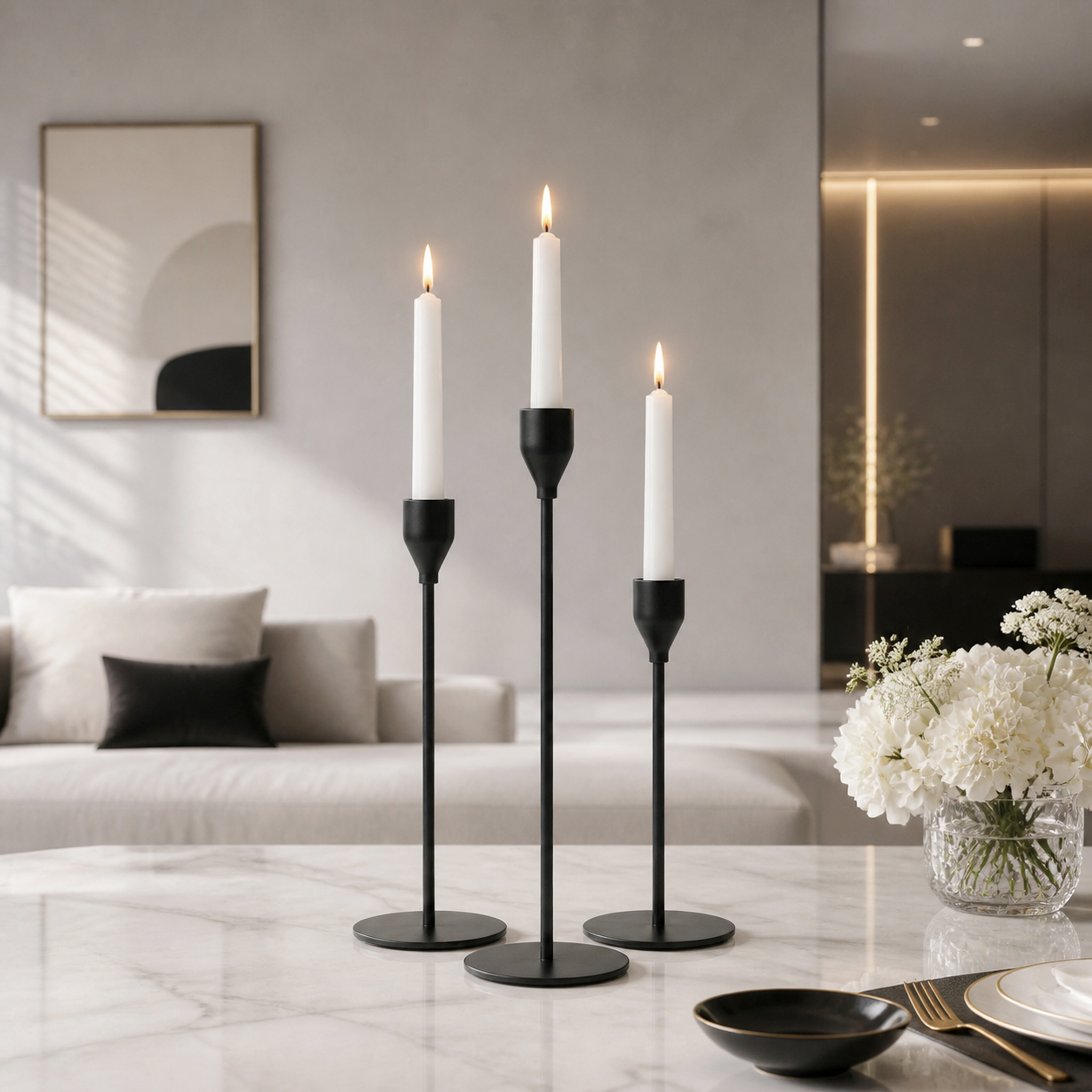 Matte Black‑Gold Candle Holder Set of 3