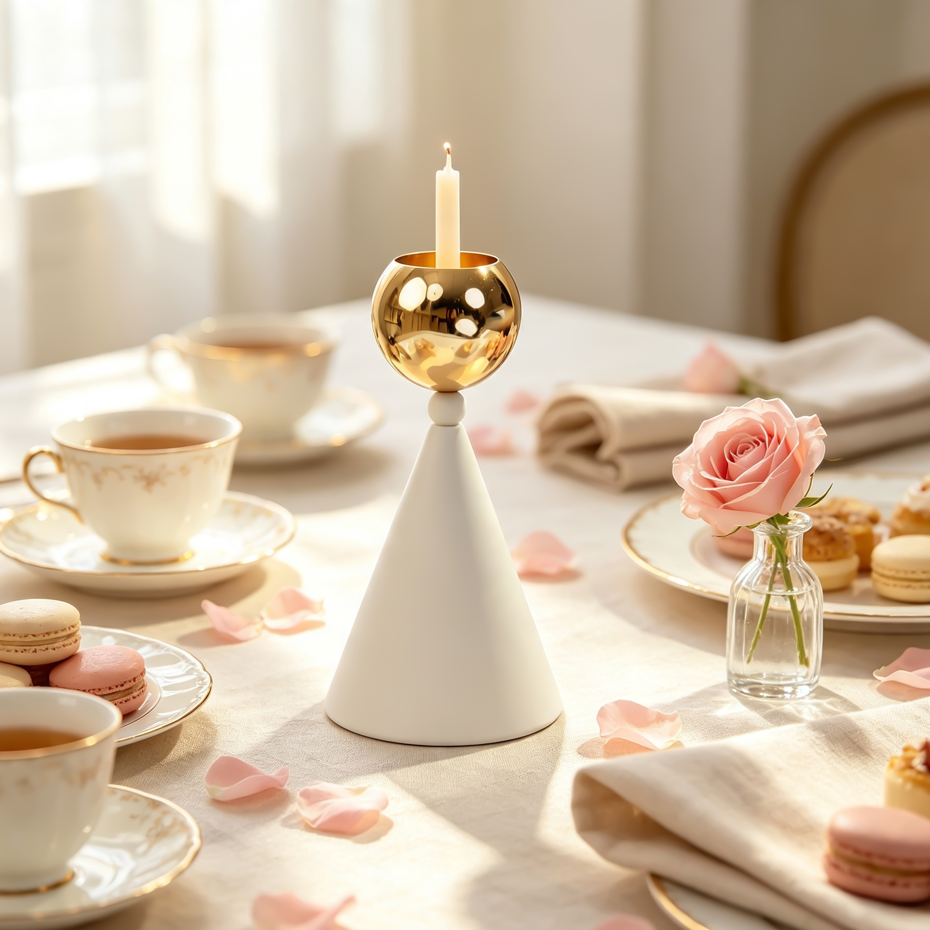 Minimalist White‑Cone & Gold‑Ball Candle Holder