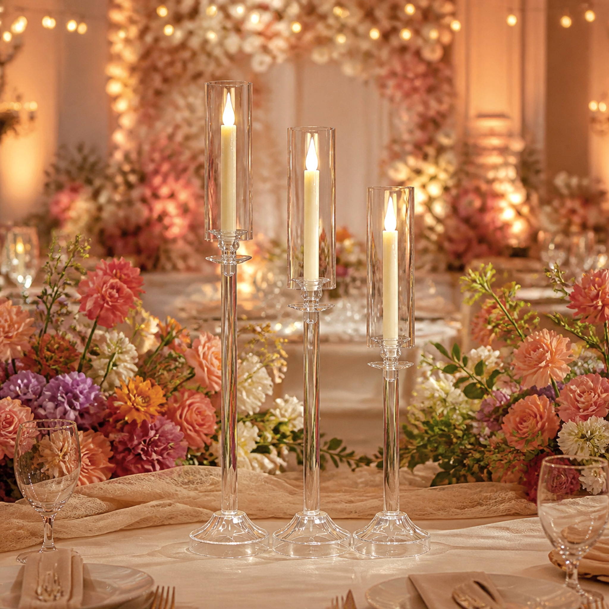 Three‑Piece Tall‑Short Clear Acrylic Candlestick Set